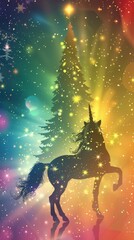 Wall Mural - Magical Christmas Scene with Rainbow Background, Unicorn Silhouette, Stars, Sparkling Particles, and Christmas Tree. Celebratory Atmosphere of Dreams, Magic, Miracles, Princess, Childhood, Fairy Tale 