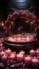 Wall Mural - Burning candles in a dark room decorated with flowers. 3d rendering