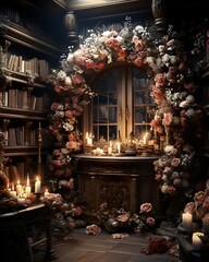 Wall Mural - Interior of an old library with a lot of books and candles