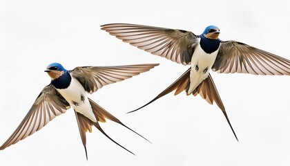 phases of flight in the sky of birds swallows on a white isolated background