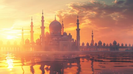 Wall Mural - Ramadan kareem eid mubarak mosque in evening with sun light background