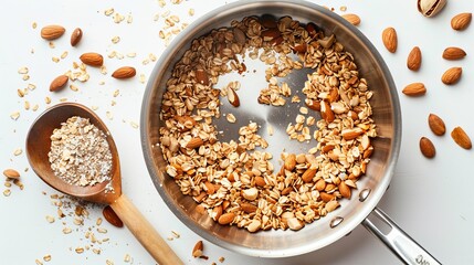 Homemade Almond Granola Cooking in a Pan, Healthy Breakfast Meal Preparation Concept