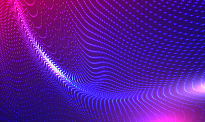 Sticker - Abstract futuristic 3d wave particle dots technology background. Wave moving dots flow particles, Neon light, hi-tech and big data. Wave of streaming particles. Modern technology and science vector.