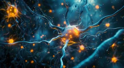 Poster - 3D rendering of An illustration showing the structure and activity in neurons, glowing with orange light, blue background, wide angle lens, high resolution 