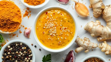 Wall Mural - Golden Turmeric Tahini Dressing Being Prepared - Close up Shot of Fresh Ingredients for Healthy Salad Dressing Creation