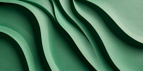 Wall Mural - Green paper wave abstract background, Pastel colored paper texture waves, Green layered paper in a papercut style