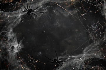 Creepy Cobweb Border with Black Widow Spiders and Shimmering Threads