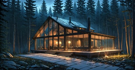 Wall Mural - house in the forest at night. modern cabin lodge home building glass exterior in nature woods. interior decor design landscape.