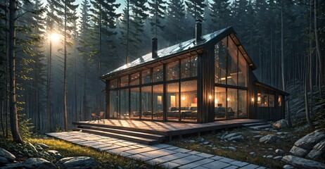 Wall Mural - house in the forest at night. modern cabin lodge home building glass exterior in nature woods. interior decor design landscape.