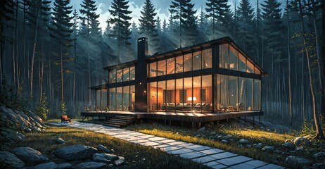 Wall Mural - house in the forest at night. modern cabin lodge home building glass exterior in nature woods. interior decor design landscape.