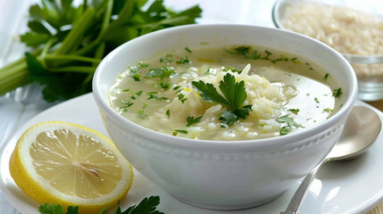 Wall Mural - Refreshing Celery and Rice Soup with Zesty Lemon Garnish - Healthy Vegetarian Dish Stock Photo