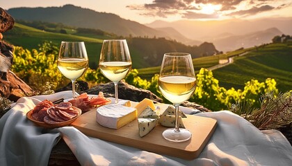 Wall Mural - picnic with white wine served outside with cheese and charcuterie sunset light beautiful valley winemaking region