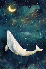 Wall Mural - A white whale with golden patterns, under the starry sky at night