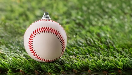 a close up copy space image showcasing a large white and red baseball ornament against a vibrant green lawn in a panoramic frame