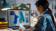 © Generative AI - Female fashion designer develops future design of clothes in 3D modeling program on laptop using digital tablet and stylus She works in atelier workshop Fashion and technologies in bus : Generative AI