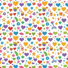 Wall Mural - A colorful pattern of hearts and stars on a white background. The pattern is full of bright colors and shapes, creating a cheerful and playful mood