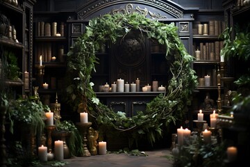 Wall Mural - Luxury interior of a dark room decorated with plants and candles