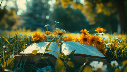 Wall Mural - A book is open to a page with a field of yellow flowers