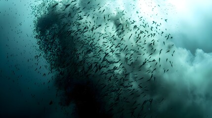 Wall Mural - A dense swarm of krill swimming together in the deep ocean, forming a thick cloud.