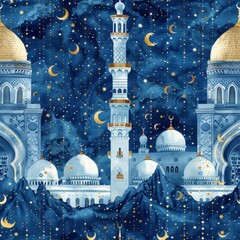 Wall Mural - A blue and white painting of a city with a tall building in the center. The building has a gold dome and is surrounded by mountains. The sky is filled with stars and the painting has a dreamy