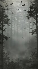 Wall Mural - Halloween Dark Forest with Bats and Fog Digital Design