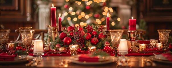 Elegant Christmas dinner table setting, gold and red theme, candles lit, closeup of holiday decor