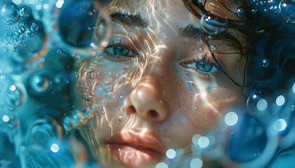 A woman's face is shown in a pool of water, with her eyes closed