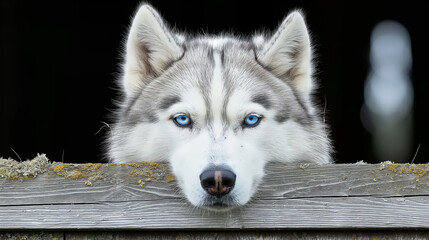 Wall Mural - Husky dog with blue eyes and thick fur peeking over a wooden fence, perfect for winter pet themes.