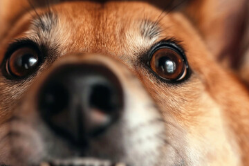 Wall Mural - Adorable closeup of a dog's nose and eyes with cute fur, animal pet focus on puppy