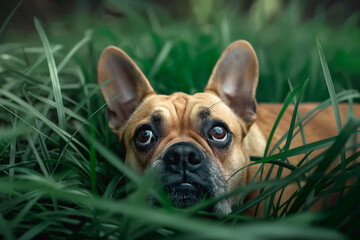 Wall Mural - Caring dog bulldog with expressive eyes and attentive ears lying in lush green grass.