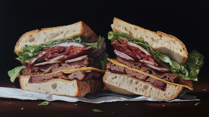 Wall Mural - Fresh sandwich with ham, cheese, tomatoes, fast food on plate in wrapping paper. AI generated.