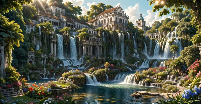 A beautiful paradise building land full of flowers, rivers and waterfalls, a blooming and magical idyllic Eden garden. Mountain ancient baroque architecture.