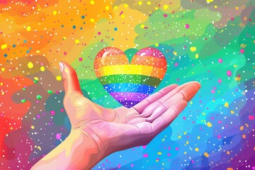 Hand holding a rainbow heart with colorful confetti raining down in the background