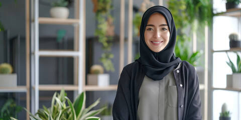 Wall Mural - A young Muslim woman in hijab, portraying a professional and happy demeanor.