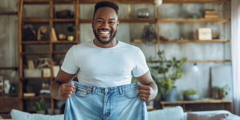 Wall Mural - Cheerful and stylish young man holding his pants showing his weight loss, leading a healthy lifestyle, radiating happiness and confidence.