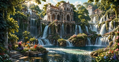 Sticker - A beautiful paradise building land full of flowers, rivers and waterfalls, a blooming and magical idyllic Eden garden. Mountain ancient baroque architecture.