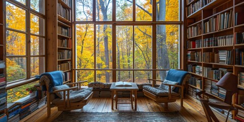 Wall Mural - A cozy living room with a bookcase, sofa, and autumn-themed decor.