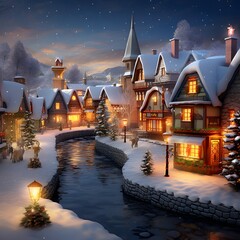 Wall Mural - Snowy winter night in a small village. 3D rendering.