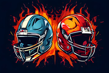 This artwork features two football helmets, one red and one blue, facing forward against a fiery background. 