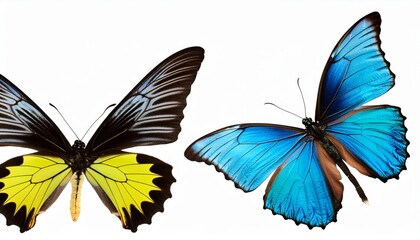 Wall Mural - very beautiful blue yellow green butterfly in flight isolated on a transparent background