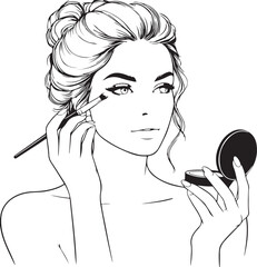 Beauty in Lines: A Woman Applies Makeup, Vector Illustration 