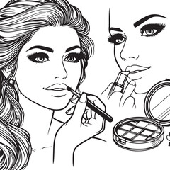 Wall Mural - Beauty in Lines: A Woman Applies Makeup, Vector Illustration 