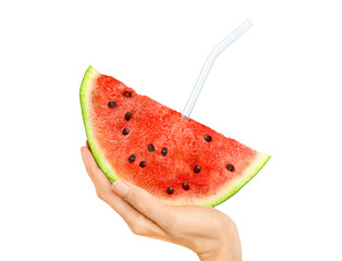 Sticker - female hand holding a watermelon with a glass straw on a white isolated background