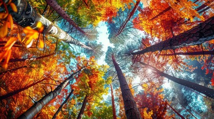 a low angle level photo of a forest with tall trees, colourful foliage, AI Generative