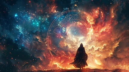 A hooded mage stands before a swirling cosmic vortex, casting a spell under a star-filled sky