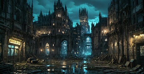 Wall Mural - gothic castle medieval palace on city street at night. dystopian architecture downtown building with urban puddle reflections.