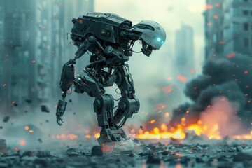 A powerful AI robot in the midst of a futuristic battlefield, advanced weaponry