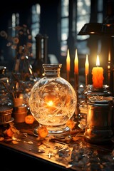 Wall Mural - Vintage magic potion bottle with burning candles. Halloween party concept.