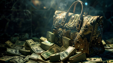 Wall Mural - A gold purse is covered in stacks of money