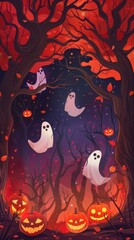 Wall Mural - Halloween Celebration with Floating Ghosts Illustration
